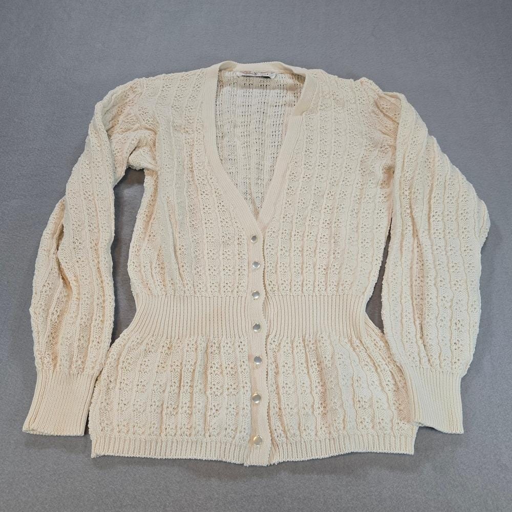 Pringle of Scotland Cardigan‎ Womens M Cream Cotton Pointelle Peplum Puff Sleeve